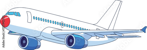 Cartoon airplane vector, commercial jet illustration, white and blue aircraft, red nose cone, transportation design, aviation clipart, travel icon