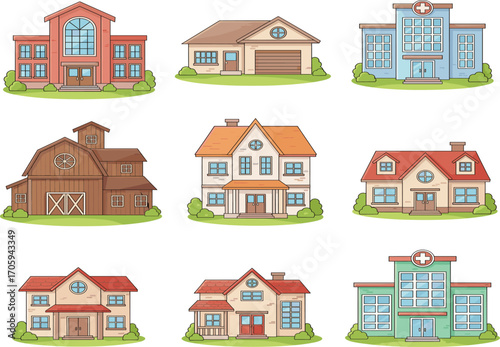 Cartoon buildings, house, barn, school, institutional architecture, vector icon, suburban layout, colorful structure, rural design, cute illustration, residential clipart,  