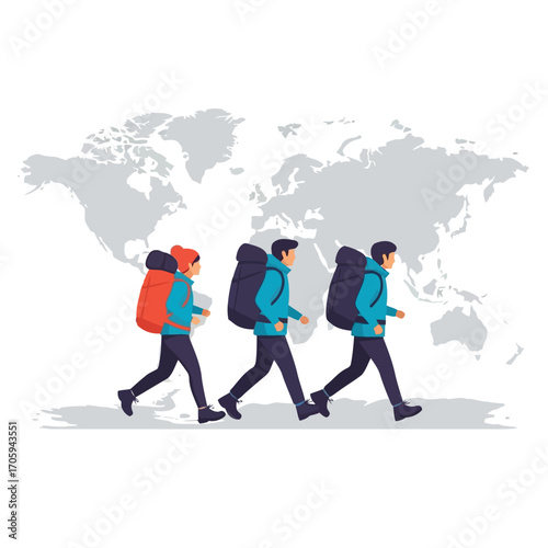 Three Backpackers Walking Across a World Map with Mountains in the Background travel hiking