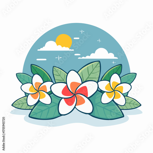 Three Plumeria Flowers With Green Leaves Under Sunny Sky