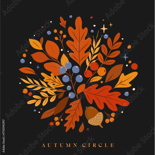 Autumnal Circle Arrangement with Leaves Berries and Acorn