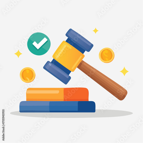 Pixel Art Gavel Striking Sound Block With Check Mark And Coins