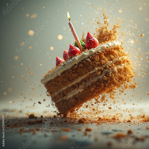 Fototapeta Naklejka Na Ścianę i Meble -  Birthday Cake with Strawberries falls on the floor