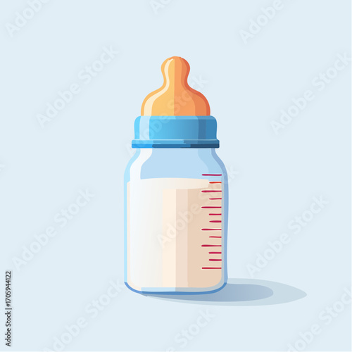 Baby Bottle With Milk On Light Blue Background