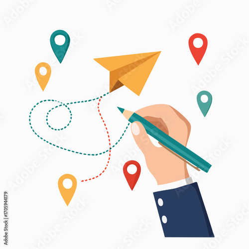 Hand Drawing Paper Airplane Path With Map Markers