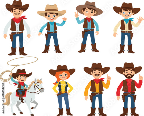 Cartoon cowboys and cowgirls, Western outfit characters, horse rider with lasso, kids vector illustration, wild west theme, fun design, boots and hats