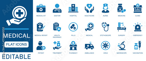 Medical icon set. featuring doctor, medicine, hospital, treatment, healthcare, nurse, pills, clinic and more. Perfect for medical, healthcare, and pharmaceutical designs.