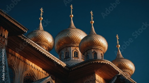 Majestic golden domes of an ancient wooden church gleam under a clear blue sky, symbolizing faith and heritage.