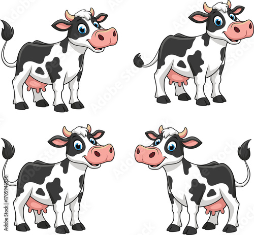 Cartoon cows vector set, black and white farm animals, cute livestock illustration, kids clipart, standing poses, fun animal design