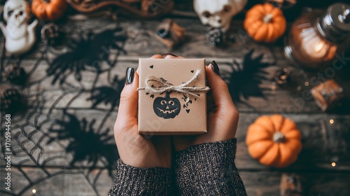 Halloween gift box in woman hands on a bokeh background. Halloween holiday concept. Close-up of female hands holding craft gift box with scary carved Halloween pumpkin face on dark background.