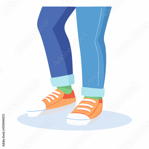 Close Up Of Orange And White Sneakers With Blue Jeans On White Background