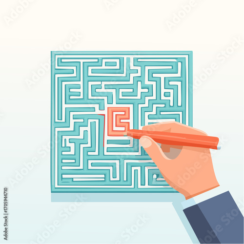 Hand Solving Light Blue Maze With Orange Pencil