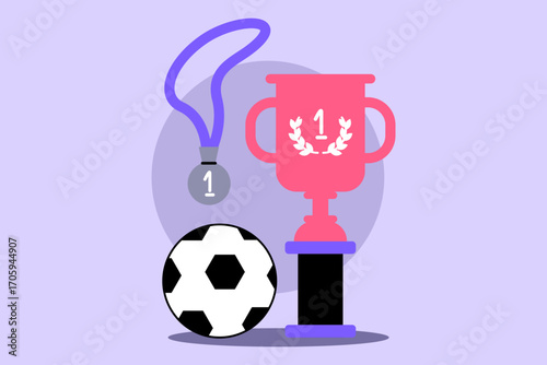 Shiny first place trophy next to silver medal and classic black-and-white soccer ball, all set against purple background. Achievements in soccer concept