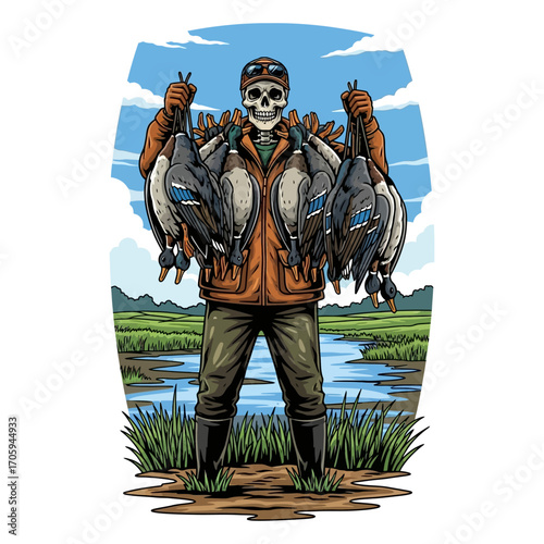 A skeleton duck hunter holding a pile of dead ducks.