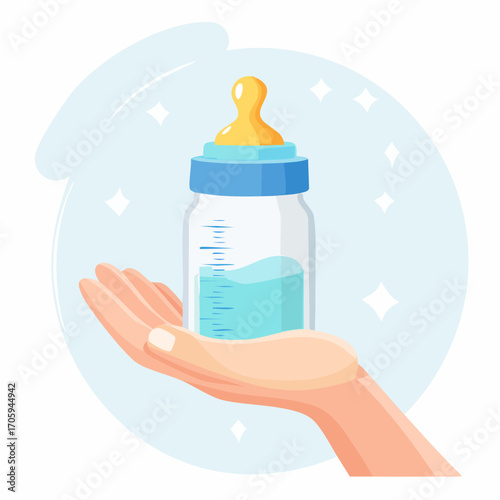Hand Holding Baby Bottle With Blue Liquid On Light Blue Background