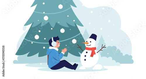 Boy making snowman in winter wonderland with christmas tree illustration vector