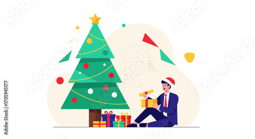 Festive businessman unwrapping christmas gifts under a decorated christmas tree in a modern office