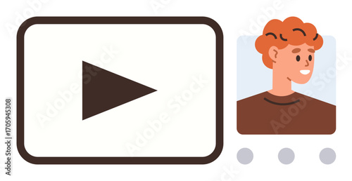 Play button inside rectangle, user avatar with red hair smiling on the side, three navigational dots below. Ideal for streaming, video education, content sharing, tutorials, media platforms, online