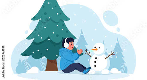 Joyful winter scene: Boy building snowman with headphones in a snowy landscape and christmas tree