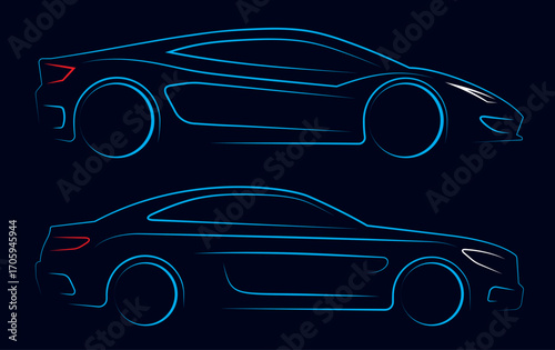 Cars silhouette vector line on dark background. Side view of sports car illustration.