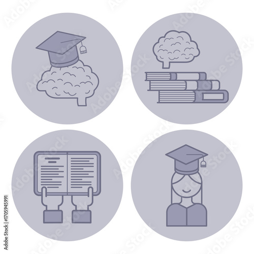 Collection of line icons featuring graduation cap, brain, stacked books, open book, and student. Education and learning processes concept