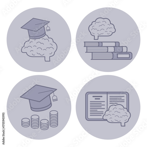Illustrations of various educational themes, featuring brain, books, graduation cap, and coins. Learning, knowledge acquisition, and academic success concept