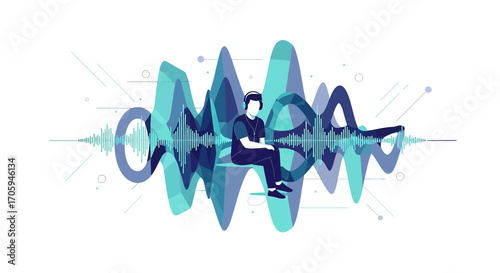 Man listening to music on sound wave abstract background with headphones and a relaxed pose a