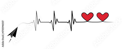 Abstract paper plane origami airplane, ekg shape route, two red hearts vector. Creative medical science concept design to use for cardiology, healthcare business, love concept projects.