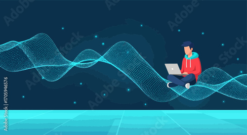 Person working on laptop with abstract digital wave, technology and innovation concept