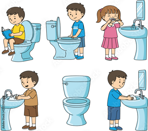 Cartoon hygiene activities, kids bathroom routine, toilet and sink illustration, handwashing, brushing teeth, personal care vector, clean habits, educational design