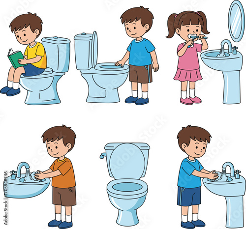 Cartoon hygiene activities, kids bathroom routine, toilet and sink illustration, handwashing, brushing teeth, personal care vector, educational design, clean habits