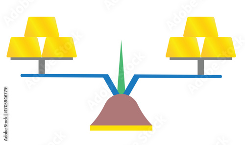 Two piles of gold bars are on a mechanical scale
