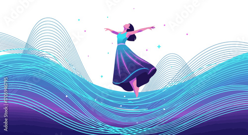 Vector Illustration of a Graceful Woman Dancing on Abstract Wavy Lines with a Cosmic Theme
