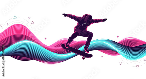 Stylish skateboarding illustration with vibrant waves and dynamic skater silhouette artistic