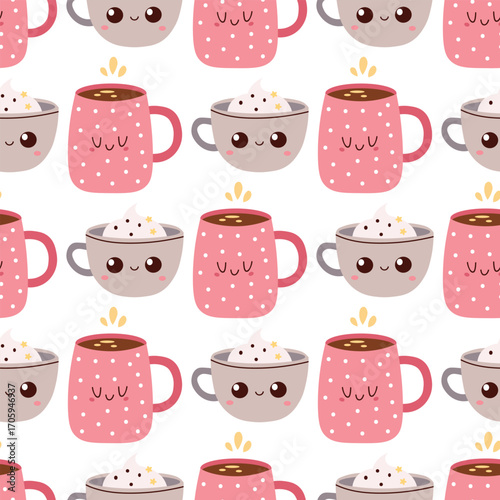 Cute Coffee cups seamless pattern. Hand Drawn pink and gray mugs in kawaii style. Ceramic mugs with whipped cream and Coffee on white background. Vector illustration.