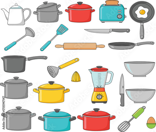 Cartoon kitchen utensils and cookware, colorful vector set, cooking tools illustration, teapot, blender, frying pan, fun kitchen design