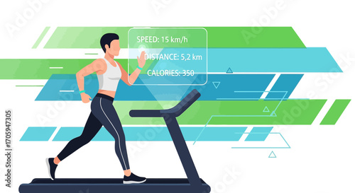 Woman running on treadmill with virtual display for speed, distance and calories burned showing