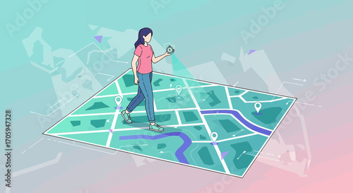 Woman using a smart watch for navigation on a virtual map, digital exploration concept, smart