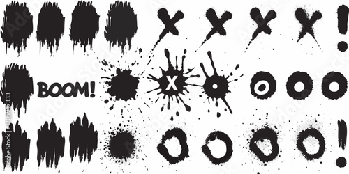 Collection of black ink splatters paint splashes and grunge brush strokes with text boom and x symbols