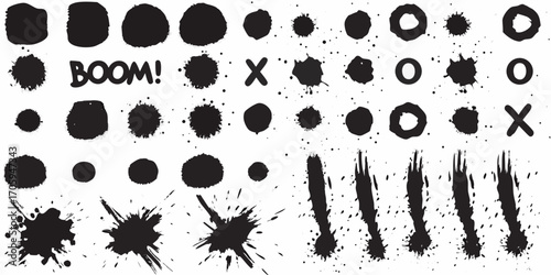 Collection of black ink splatter and brush stroke elements for design projects