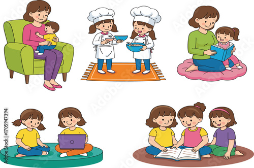 Cartoon mother and daughter activities, family bonding illustration, cooking, reading, hugging, tech learning, parenting moments, kids vector design
