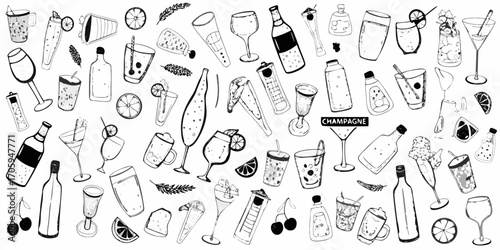Hand drawn collection of various cocktails and drinks with fruits and garnishes on a white background