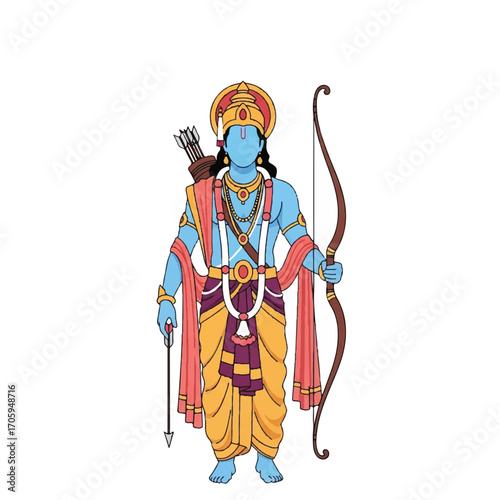 Illustration of Rama, the Hindu deity, in a traditional outfit, holding a bow and arrow, with a quiver on his shoulder, in a vintage style.
