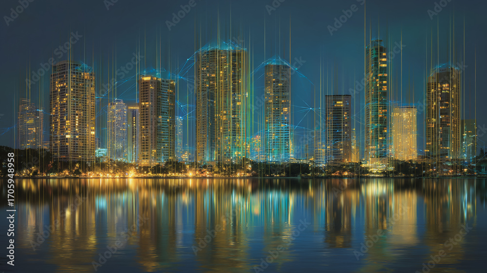 Fototapeta premium Twilight in the Smart digital Innovation city with connection network reciprocity over the cityscape. of future smart wireless digital city and social media networking systems that connects people