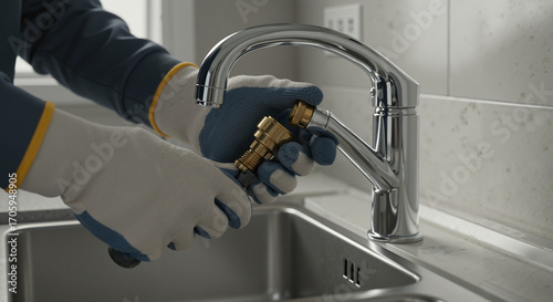  Plumber installing chrome faucet on kitchen sink