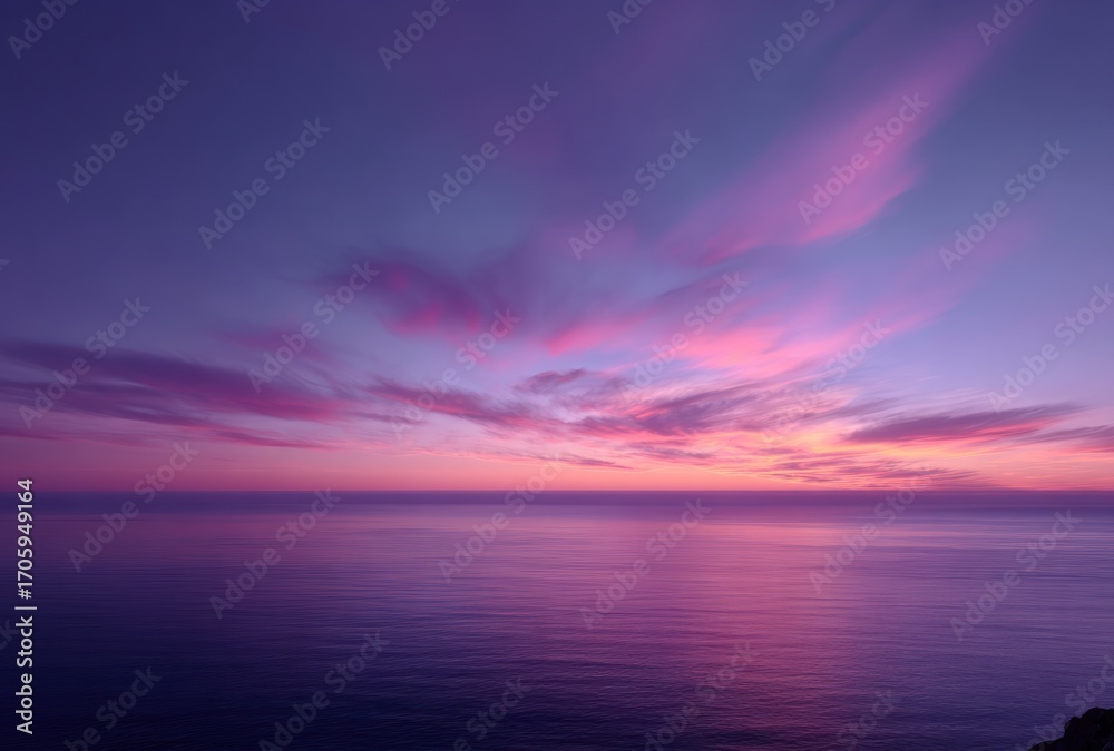 Obraz premium Tranquil ocean scene at dusk, with dreamy pink and purple hues painting the sky and reflecting on the serene water surface