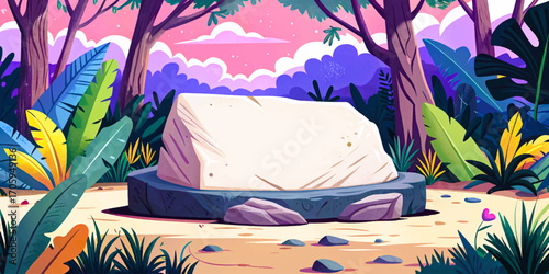 Ancient altar stone in jungle clearing, flat banner surface natural mockup, wilderness background landscape, earthy rustic placement, dramatic outdoor solitude scene, creative text design, historic ob