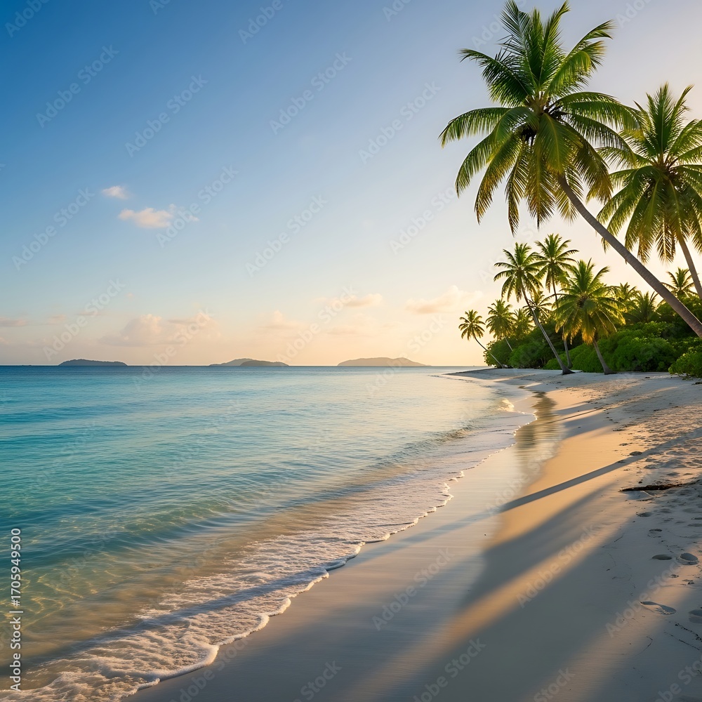 Fototapeta premium Tropical Beach Scene with Palm Trees and Calm Ocean Water at Sunset