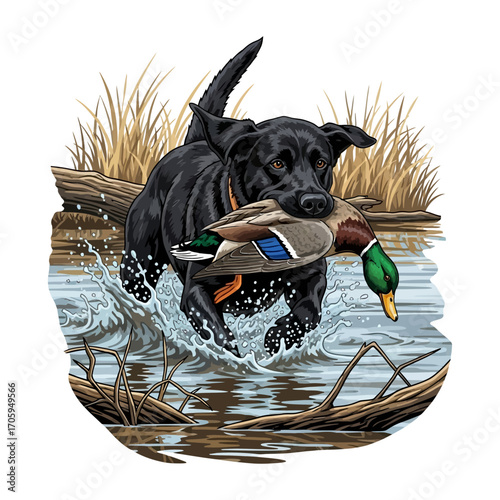 Black Labrador retriever with duck