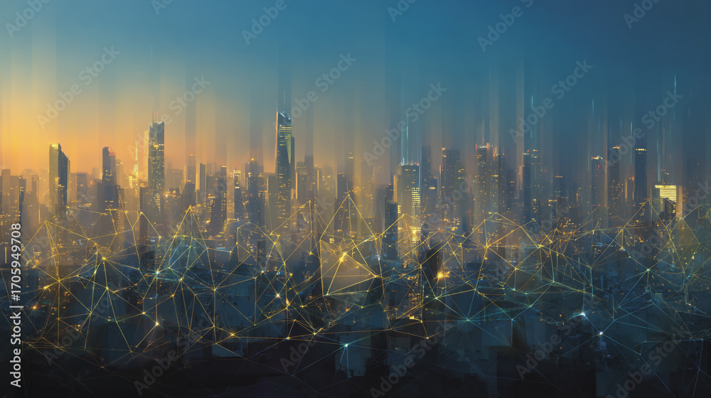 Fototapeta premium Twilight in the Smart digital Innovation city with connection network reciprocity over the cityscape. of future smart wireless digital city and social media networking systems that connects people